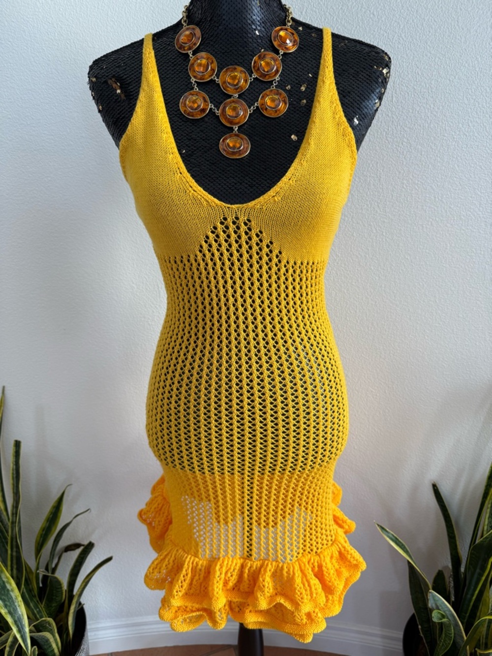 Ruff Endz Yellow Crochet Knit Ruffle Hem Mini Dress